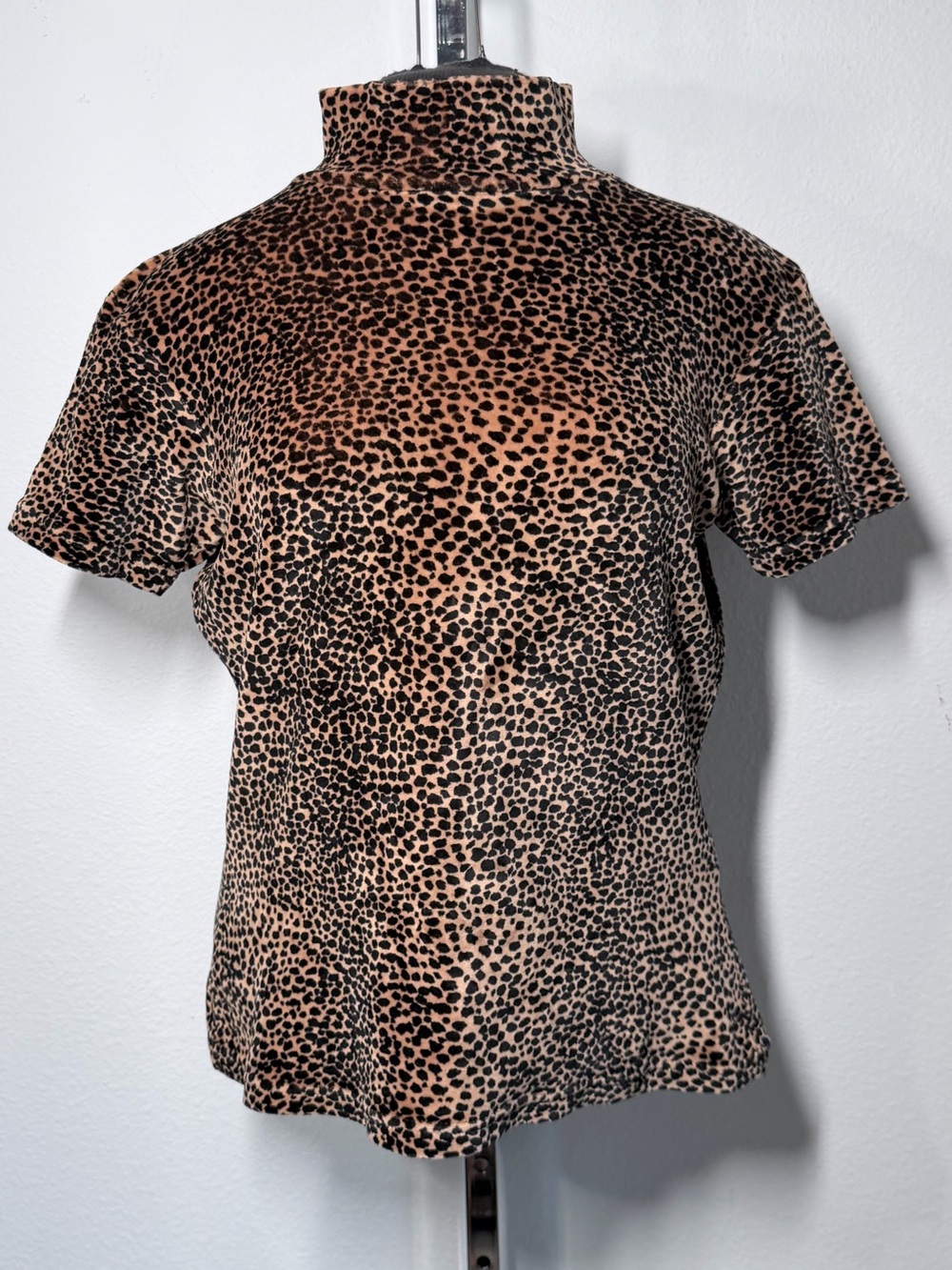 Vintage A Line Leopard Print Velour Mock Neck Top Size L 90s